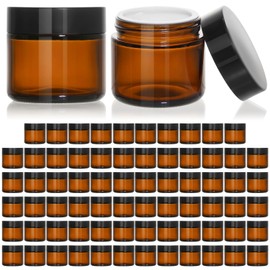KEYWING 2oz Small Glass Jars with Black Lids, 70 Packs Amber Glass Cosmetic Jars, Round Empty Sample Container with Inner Liners for Lotions, Cream, Powders and Ointments