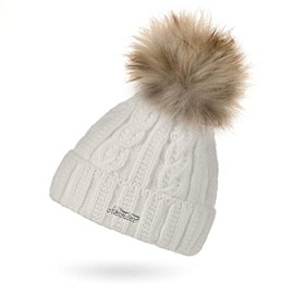 Neverless® Women's Knitted Hat with Inner Lining Fleece Fur Pompom Faux Fur Bobble Hat Cable Knit Pattern Envelope, White