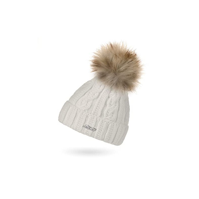 Neverless® Women's Knitted Hat with Inner Lining Fleece Fur Pompom