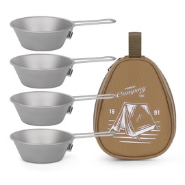 ZING TTI Titanium Camping Bowl 10 oz (4 Pack), Stackable Titanium Bowl with Handle and Storage Bag, Round Rice Bowl, for Picnic, Dinner Party, Suitable for RV Travel, Camping and Backpacking