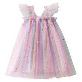 HNXDYY Baby Girl Casual Tutu Dress Flower Tulle Fairy Shinny Butterfly Rainbow Princess Dresses 122-Pink Size (4Y) 4 Years
