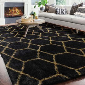 ONASAR Geometric Fluffy Area Rug for Living Room Bedroom, 6x9 Black and Gold Rug, Modern Shag Plush Rugs for Classroom, Apartment, Office, Home Decor, Large Cool Moroccan Rug, Thick Furry Carpet