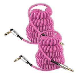 Augioth Coil Guitar Cable 10 ft 2 Pack, Curly Electric Instrument Guitar Bass Cord AMP Lead 1/4 Straight to Angled Pink