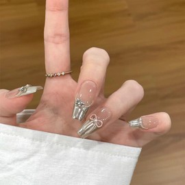 IMRAIN Press on Nails Long Coffin Fake Nails Silver French Tips False Nails with Pink Bow & Metal Butterfly Designs Full Cover Glossy Ballerina Gel Glue on Nails for Women Girls 24Pcs