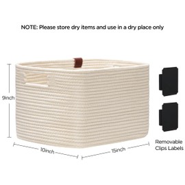 UBBCARE 2 Pack Baskets for Organizing, Woven Storage Baskets with Label for Toys and Towel, Rectangle Cotton Rope Basket with Handles, 15''L x10''W x9''H, Off-White