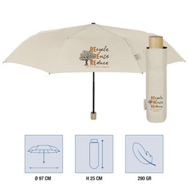 PERLETTI Green Pocket Umbrella Ecological for Women Girls - Compact Small Umbrella Natural with Manual Opening - Environmentally Friendly Women's Umbrella Windproof Mini Wooden, vanilla