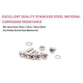 cSeao 220pcs M5 6mm / 8mm/ 10mm/ 12mm/ 16mm/ 20mm Pan Head Machine Screws Washers Hex Nuts Assortment Kit, Phillips Drive, 304 Stainless Steel