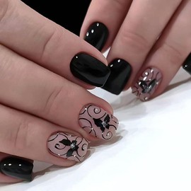 Press on Nails Short Square False Nails Black Nude Fake Nails Rhinestones and Dark Butterfly with Designs Acrylic Nails for Women 24Pcs