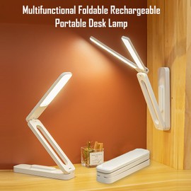 kvppvt LED Rechargeable Folding Desk Lamp, Adjustable Light Color and Brightness by Touch, USB Powered, Portable Small Table Lamp for Work, Reading, Emergency (Pink, Double Head)