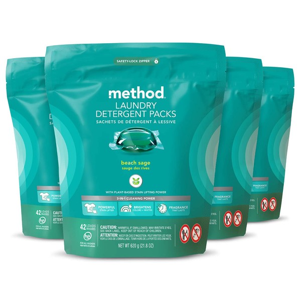 Method Laundry Detergent Packs; Beach Sage Scent; Plant-Based Stain Remover Solution that Works in Hot & Cold Water; 42 Packs per Bag; 4 Pack (168 Loads); Packaging May Vary