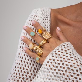 Chunky Gold Rings for Women,Vintage Rhinestone Stackable Knuckle Rings Set Statement Irregular Adjustable Rings Minimalist Fashion Beach Jewelry, Alloy Steel, No Gemstone