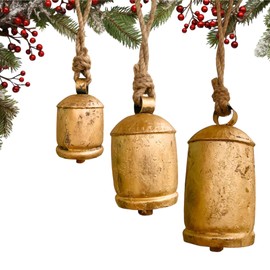 Mie Creation Set of 3 Harmony Rustic Cow Bells, Vintage Metal Christmas Large Bells with Jute Rope, Handmade Wall Door Hanging Iron Cowbells, Christmas Ornaments Holidays Home Decor- Antique Gold