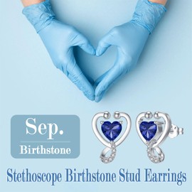 NFYBD Stethoscope Heart Stud Earrings for Women 925 Sterling Silver 12 Months Birthstone Doctor Nurse Medical Earring Jewelry RN Registered Student Graduation Retirement Nurse Week Gifts-9
