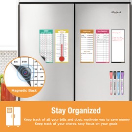 HOMiDEK Magnetic Whiteboard for Fridge - Reusable Dry Erase Chore Chart, Fundraising Thermometer Goal Tracker, Bill Payment Tracker, Money Saving Challenge and Memo Pad, 4 Markers - 5 Sheets, 4" x 10"