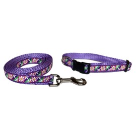 Preston Oopsy Daisy Flower Dog Collar and Leash Set - Bright Multi Colored Floral Ribbon on Lavender Purple Nylon Webbing (Extra Small)