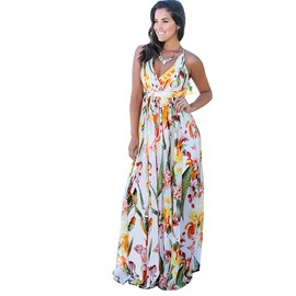 Women Bohemian Floral Printed Wrap Sleeveless V Neck Spaghetti Strap Dress Casual Beach Party Boho Tropical Summer Maxi Dress Cross Back Strappy Backless Wedding Prom Evening Dress White lily Medium