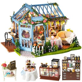CUTEBEE Dollhouse Miniature House with Furniture, DIY Dollhouse Kit with Dust Proof, Music Movement, 1:24 Scale Creative Room for Gift for Family and Friends (Rose Garden Tea House)