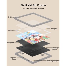 BAIJIALI 2 Packs Grey Kids Art Frames for Kids Artwork Frames Changeable Display 8.5x11 with Mat or 9x12 without Mat,Picture Frame for Kids Artwork Front Opening Holds 150 Horizontal &Vertical For