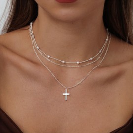 CAROVO Silver Necklace for Women ,Dainty Silver Layered Necklace Trible Layering Satellite Pearls Cross Paper Clip Box Chain Snake Hammered Disc Link Necklace Shinny Twisted Rope Chain Necklace Jewelry for Women