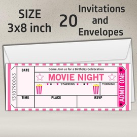 Wybgno Birthday Invitation with Envelopes, 20 Movie Night Ticket Invite Cards for Movie Lovers, Sleep Over Birthday Invitation for Kids Adults, Party Favor & Decoration (3×8 inch)-A05