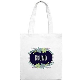 Jute Bags with Name Bruno/Flowers Motif – White – Fabric Bag – Jute Bag, Hipster Bag