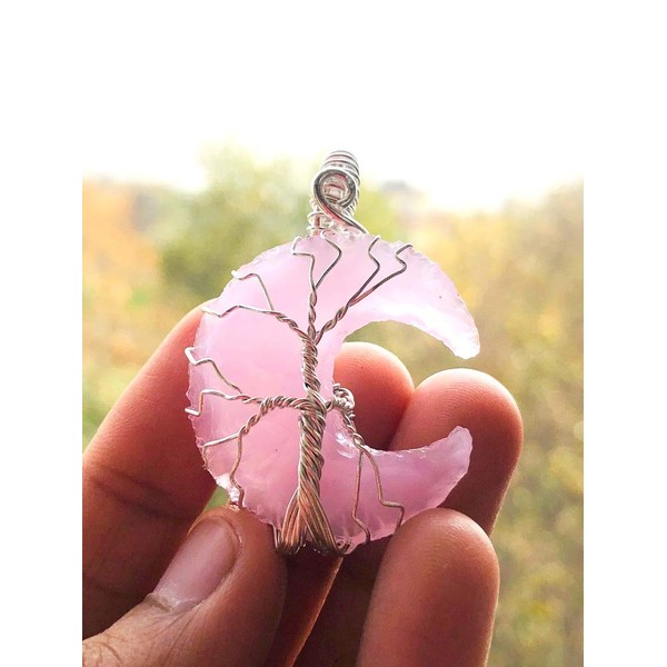 CRYSTALMIRACLE Rose Opalite Cresent Moon Stone Pendant Wire Wrapped Healing Wellness Positive Energy Gift Peace Meditation Handcrafted Accessory