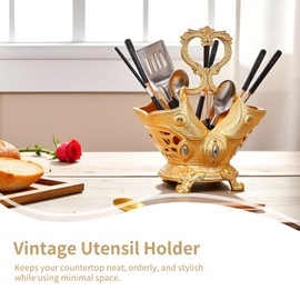 Cyrank Vintage Utensil Holder, Gold Kitchen Utensil Holder for Countertop Metal Utensil Organizer Silverware Caddy Storage Holder for Flatware, Cutlery, Spoon, Fork