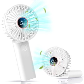 Mioritor Ventilador de Mano, 5200 mAh Ventilador Portátil Recargable,Ultra Silencioso,Ajuste de 6 Velocidades y Pantalla LED con Cordón para Oficina, Exterior - Blanco