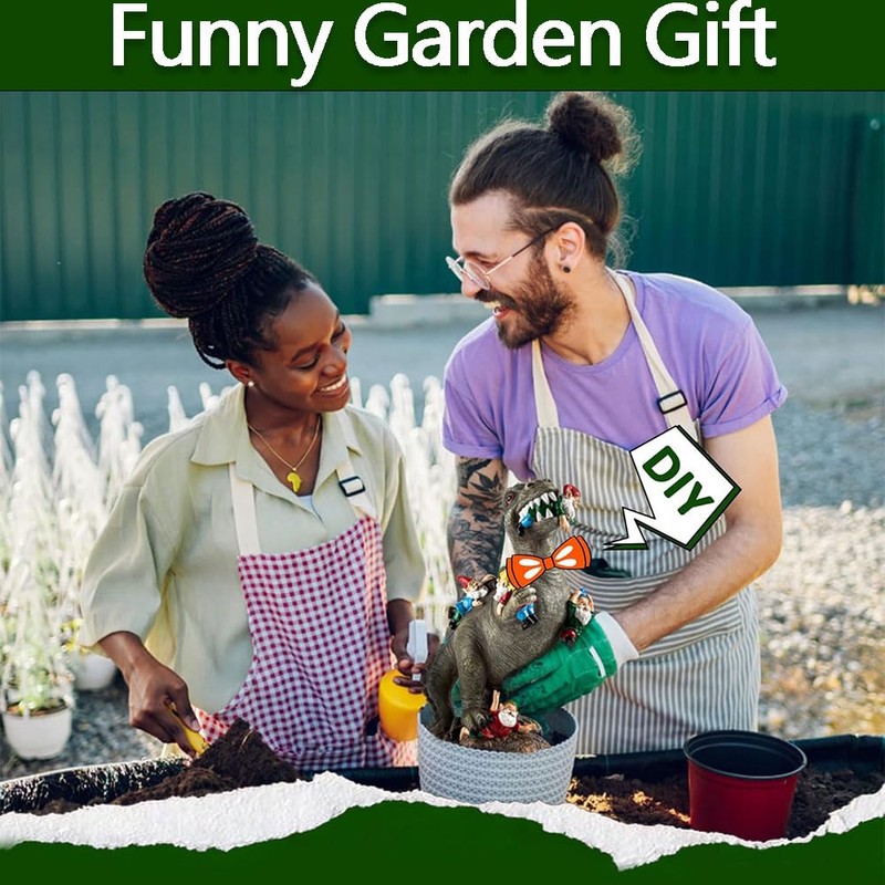 Funny Dinosaur Eating Gnomes Garden Statue – Outdoor Yard Gnome