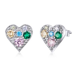 Bellitia Jewelry Platinum Plated Sterling Silver Heart Stud Earrings for Women, Multicoloured Cubic Zirconia Vintage Earrings Fashion Gemstone Jewelry Set for Women Girls