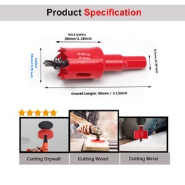 SagaSave (15-200mm) HSS Bi-Metal Hole Saw with Corn Hole Drilling Cutter, 15MM Hole Cutter for Stainless Steel,Metal,Wood,Plastic,Drywall,Fiberboard,0.59inch 1PCS, Red