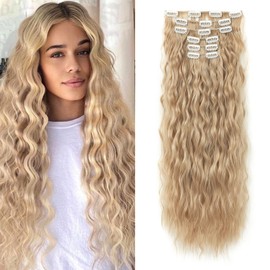 LONAI 6PCS Clip In Hair Extensions, 24" Blonde Hair Extensions Long Mermaid Waves Wavy Synthetic Clip On Hairpiece For Women Natural Black Hair For Daily Use Party（Ash Brown）
