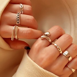 Chunky Stacked Gold Statement Joint Ring Set for Women,Minimalist Asymmetrical Aesthetic Opening Ring,Trendy Party Banquet Jewelry Accessories Gifts(Gold)