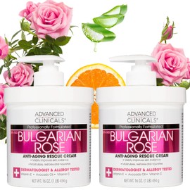 Advanced Clinicals Bulgarian Rose Crema de rescate antienvejecimiento Crema hidratante para el cuidado de la piel para piel seca, manchas de edad y mejora el brillo de la piel, grande 16 onzas (paquete de 2)