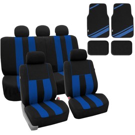 FH Group Striking Striped Car Seat Covers Full Set, Airbag and Split Ready with Carpet Floor Mats – Universal Fit for Cars Trucks & SUVs- Blue/Black