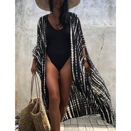 Eddoyee Women Plus Size Cover Up Beach Cardigan Tie Dye Print Kimonos Swimsuit Coverup Black White Stripes
