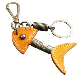 White Fang AZ165 Keychain, Keyring, Leather, Stylish, Retro, Charm, Fish, Bones, Men's, Women's,, Camel