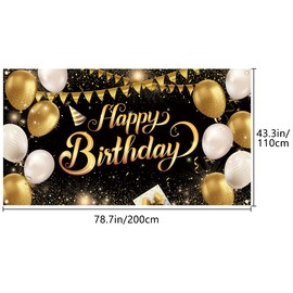 Happy Birthday Backdrop Banner 200 x 110cm Large Size Happy Birthday Banner Black Gold Background Banners Birthday Party Decorations Supplies for Birthday Party Decorations Celebration