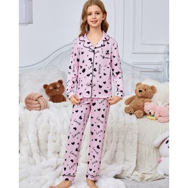 Xumplo Girls Pyjamas Sets Tweens Long Sleeve Button Pjs Lounge Set Kids 2Pcs Stripe Heart Sleepwear Children Nightwear 12 Years