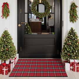 Sungea Christmas Door Mat Outdoor 27.5"x43", Red/Black Buffalo Plaid Front Door Rug Cotton Hand-Woven Washable Layered Door Mats,Reversible Checkered Throw Rugs for Porch Outside