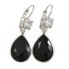 Black/Clear CZ, Glass Teardrop Earrings With Leverback Closure In Silver