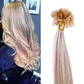 SEGO Pre Bonded U Tip Hair Extensions Human Hair Highlighted 100 Strands Keratin Fushion Nail Tip Human Hair Extensions 100% Remy Hair Silky Straight #12P613 Golden Brown&Bleach Blonde 20 inches 50g