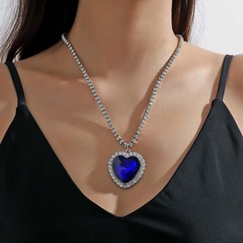 Xduargs Boho Large Faux Sapphire Heart Necklace Blue CZ Choker Vintage Love Pendant Adjustable Crystal Tennis Chain Jewellery for Women, Zinc