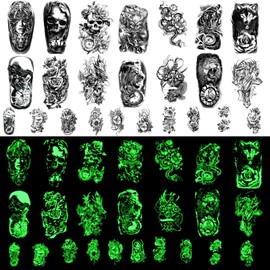 24 Sheets Glow in the Dark Temporary Tattoos, Wolf, Lion, Skull, Fake Waterproof Tattoo Stickers for Women and Men, Tiny Body Tattoos for Rave of Festival Party Makeup