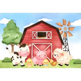 Xiaoterna 7x5ft Farm Animals Backdrop Cute Pig Sheep Cow Red House Photography Background Cartoon Red Farmhouse Tree Animals Photo Backdrop Birthday Party Decorations Photo Booth Props