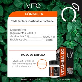 VITO Vitaminas Totales | Vitamina D3 4,000 UI | Colecalciferol | Alta Concentración | 60 Tabletas Masticables