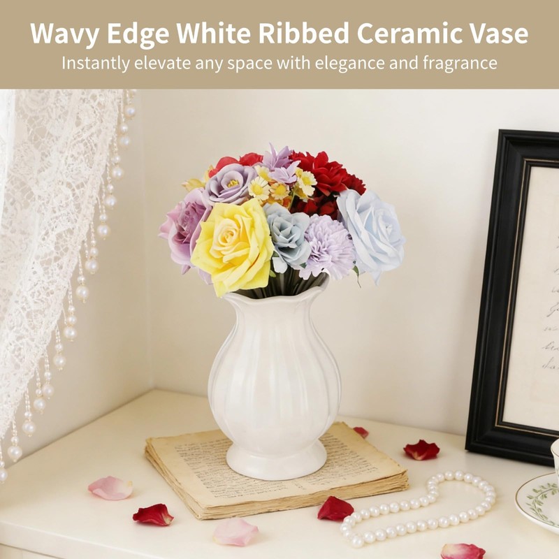 White Wavy Edge Ceramic Vase, Modern Ribbed Flower Vase for