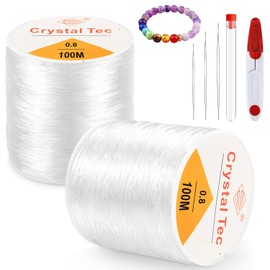 2 Pcs Cordón de Hilo Elástico de Cristal de 0.8 mm x 100 m, Hilo Elastico para Pulseras, Hilo de Cristal Transparente y Resistente, con 3 Agujas de Cuentas, para Abalorios, Pulseras y Manualidades