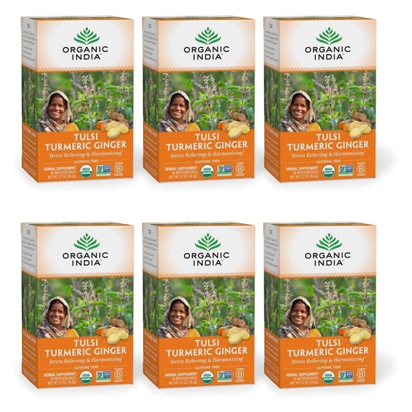 Organic India Tulsi Turmeric Ginger Herbal Tea - Stress Relieving & Harmonizing, Immune Support, Healthy Inflammatory Response, Aids Digestion, Vegan, Caffeine-Free - 18 Infusion Bags, 6 Pack