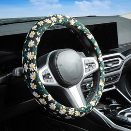 Embroidered Flowers Black Cute Daisy Steering Wheel Cover Auto Anti-Slip Breathable Rubber Steering Wheel Protector,Floral Car Accessories for Women,Universal Size Fit Most Cars -15 inch